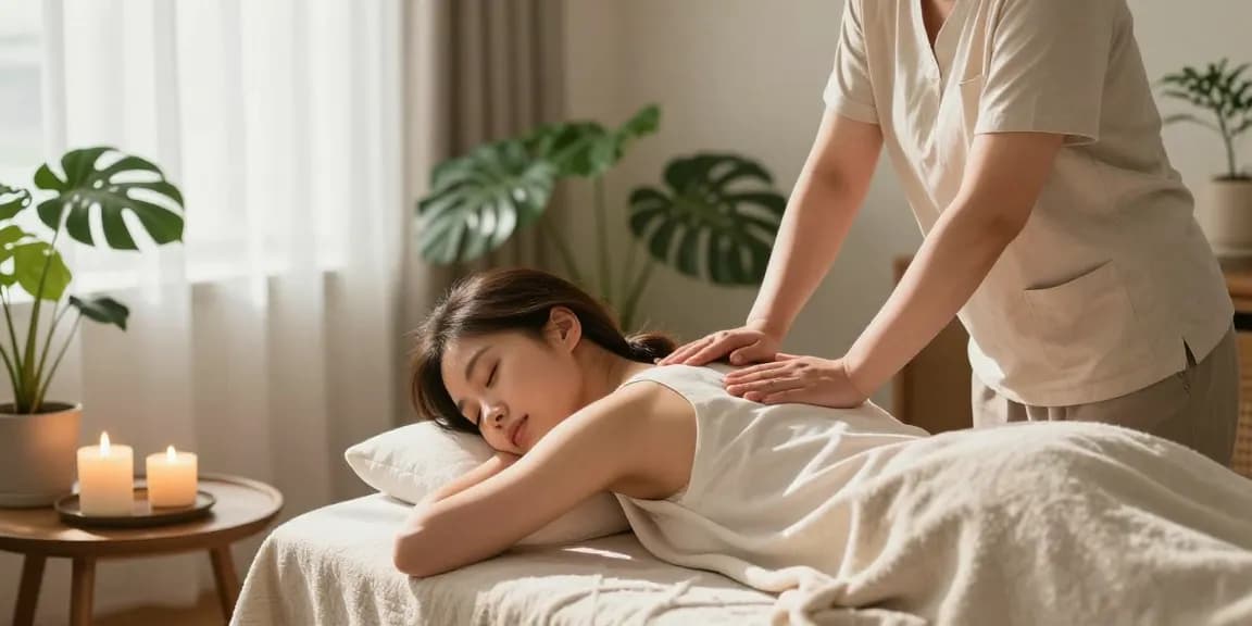 Experience a soothing 천호출장안마 therapy in a tranquil home setting with aromatic candles and cozy decor.