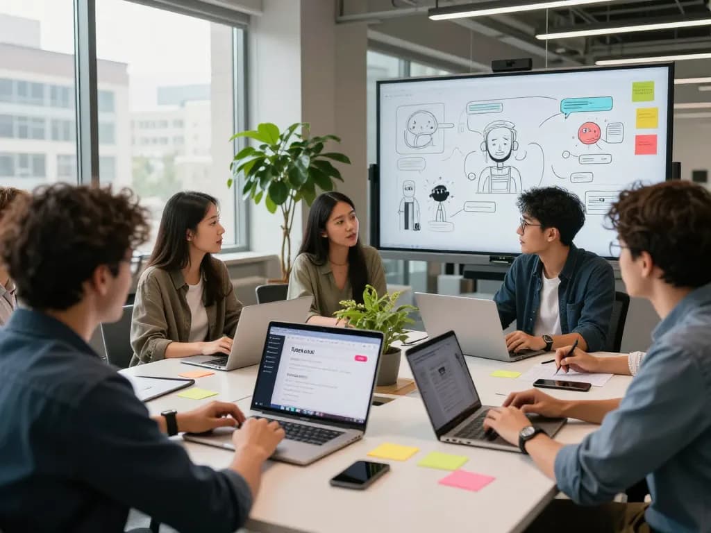 Collaborative developers discussing spicy chat ai features in a modern office.