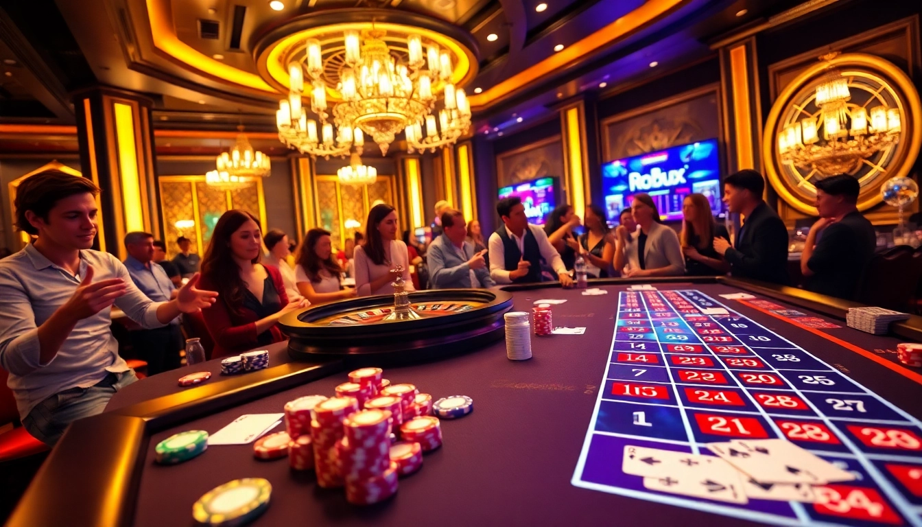 Engaging scene of Robux gambling in a luxury casino with poker chips and roulette wheel.