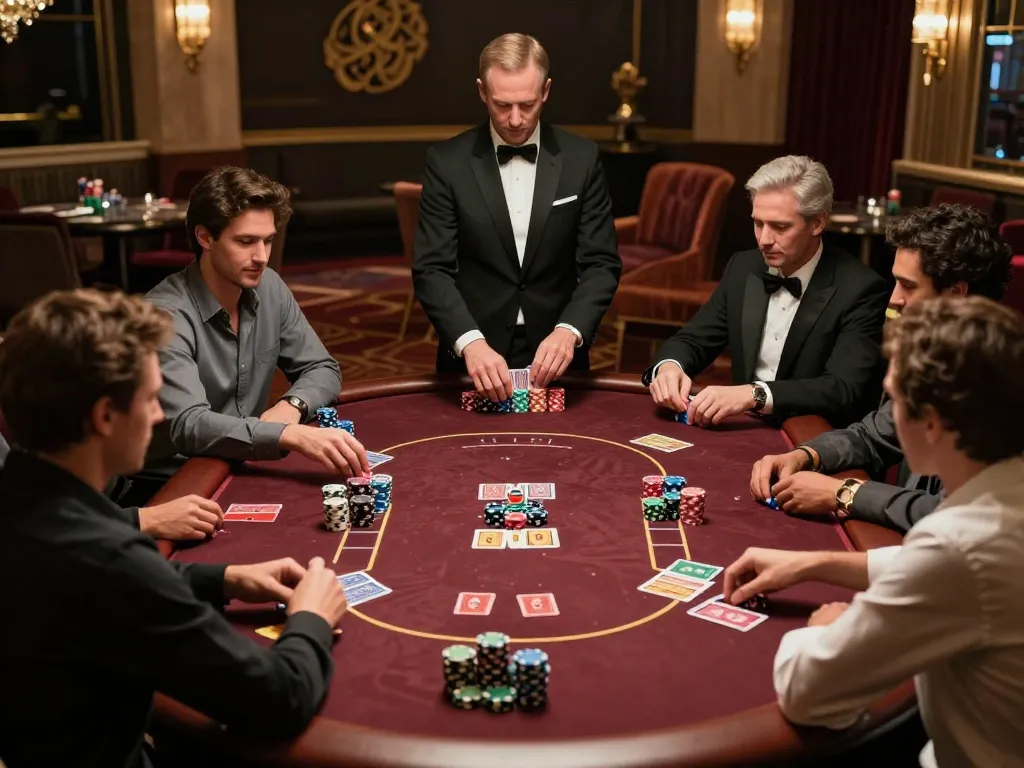 Engaged players strategizing at poker table in upscale casino setting, LLwin com gaming adventure
