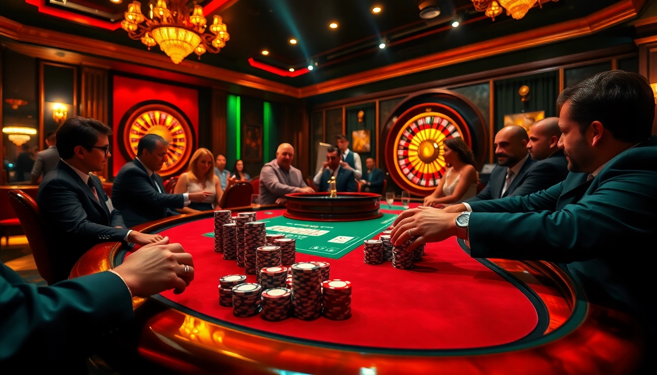 Players strategizing at a high-stakes poker table, showcasing SV66 excitement in a luxurious casino setting.