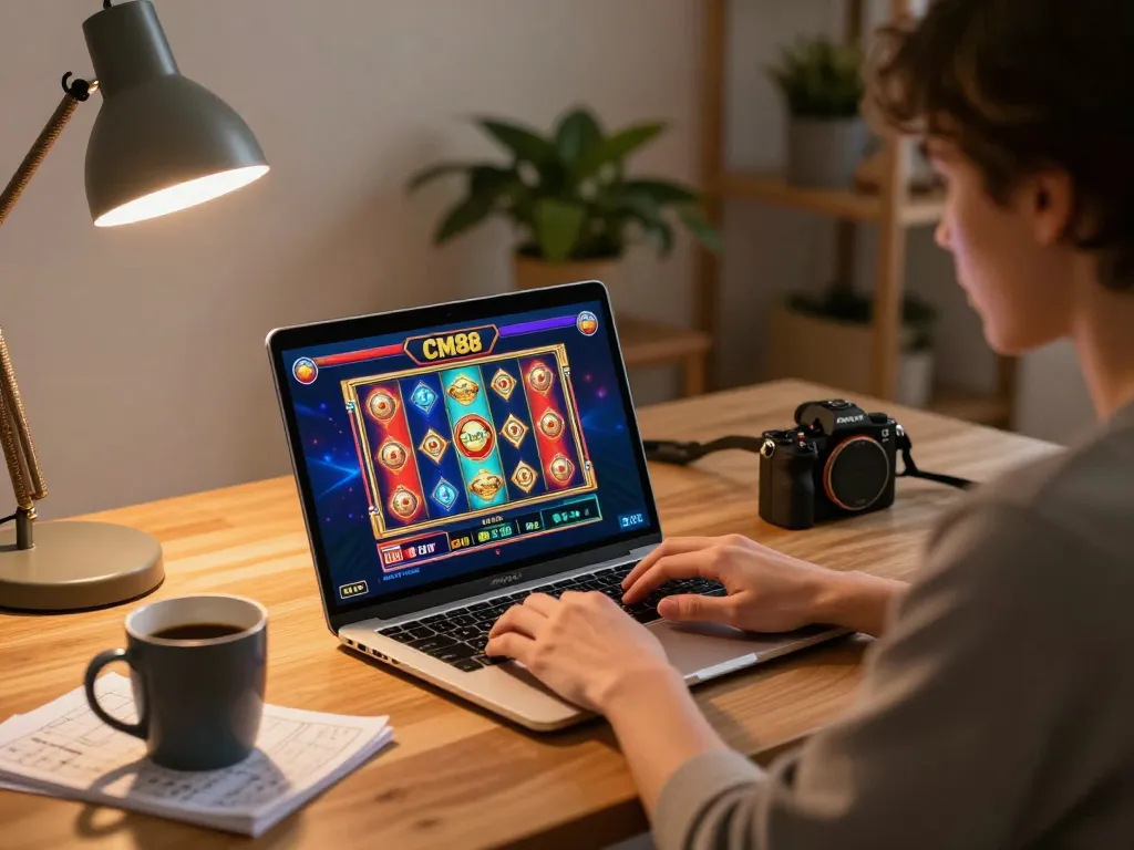 Playing CM88 social games on a laptop with vibrant slots displayed in a cozy home setting
