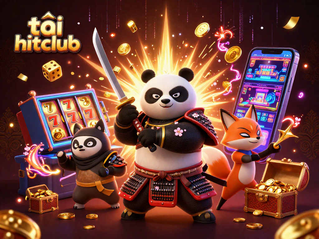 Join the excitement of tải hitclub as a samurai panda, ninja fox, and spirit tanuki celebrate big wins with vibrant casino elements.