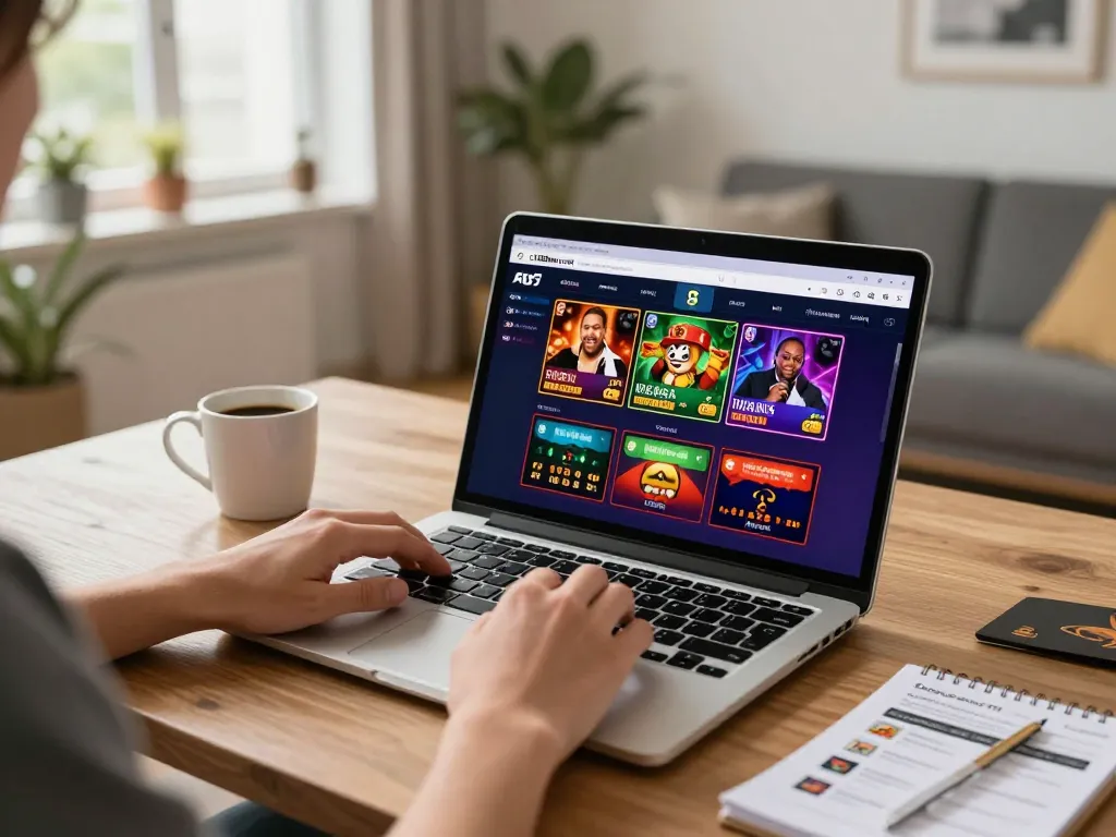 Engaging in gaming on c168mov com at home with laptop showing casino games and strategic notes