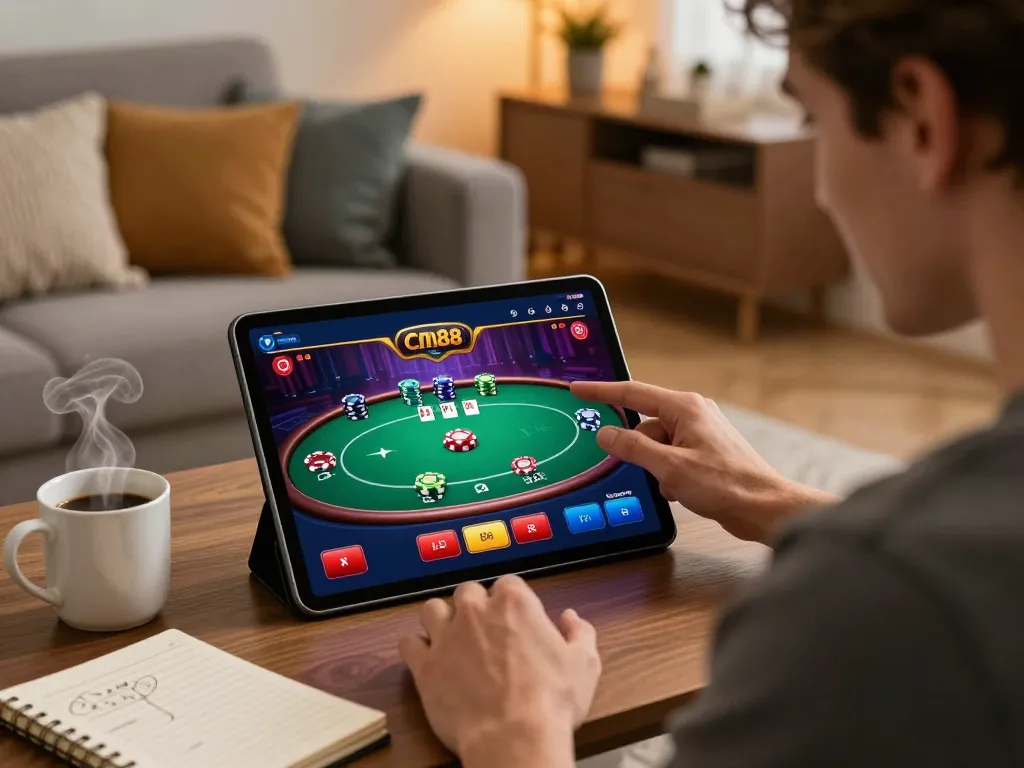 Player engaging with the cm88 casino app on a tablet, enjoying a vibrant home gaming experience