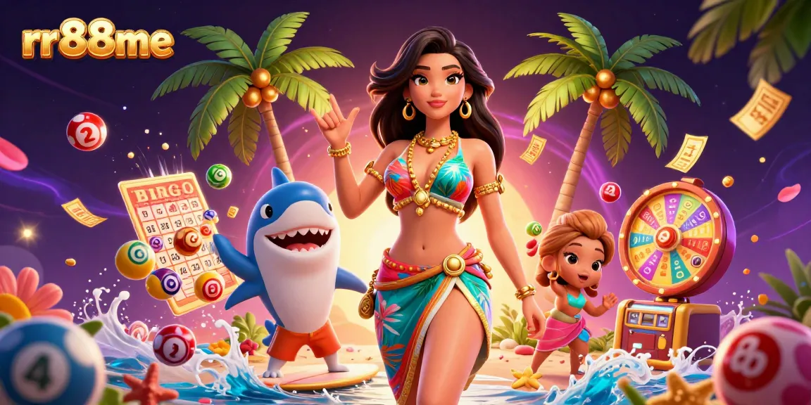 Experience thrilling games at rr88me with vibrant 3D illustration of a beach goddess and a surfer shark.