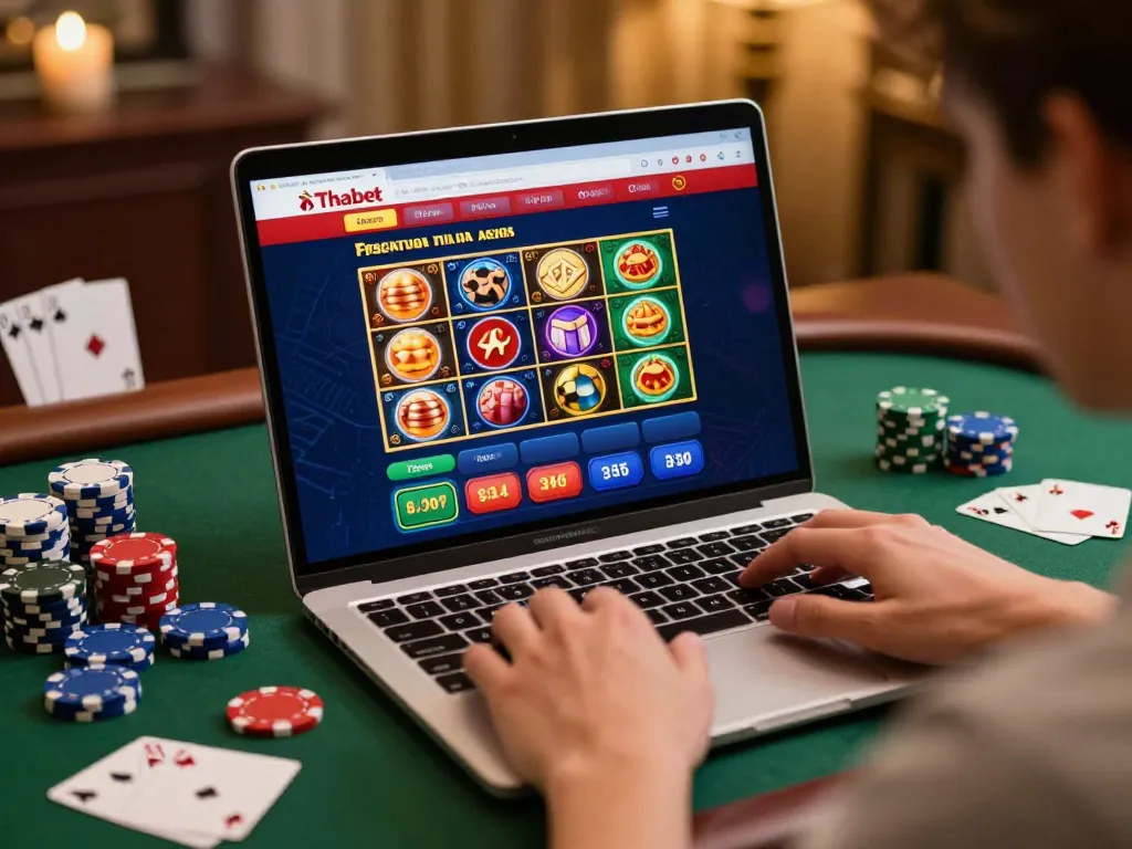 Engaging with Thabet online casino on a laptop, surrounded by poker chips and cards, cozy atmosphere.