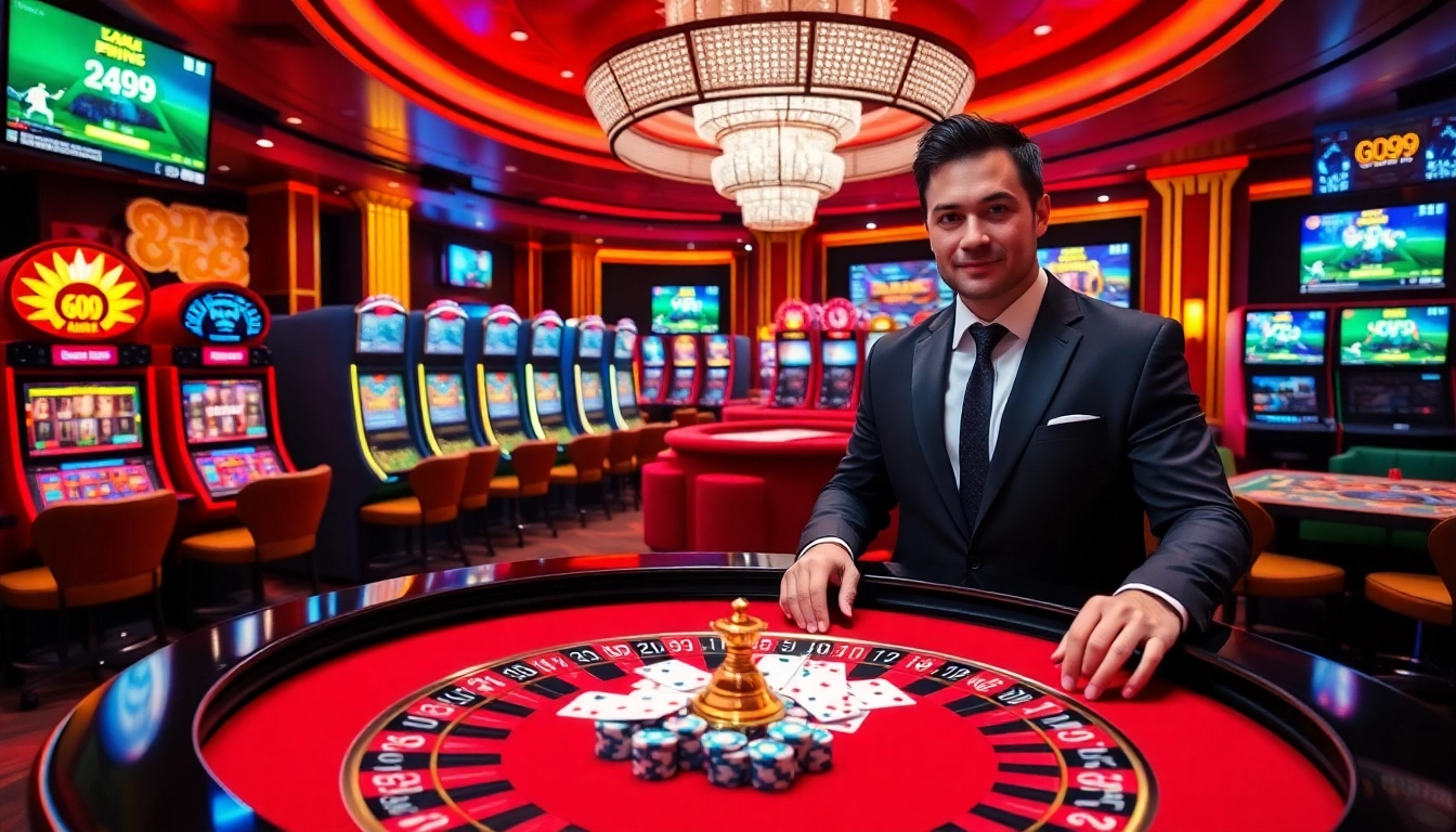 Engaging gaming experience at nhà cái go99 with professional dealer at roulette table.