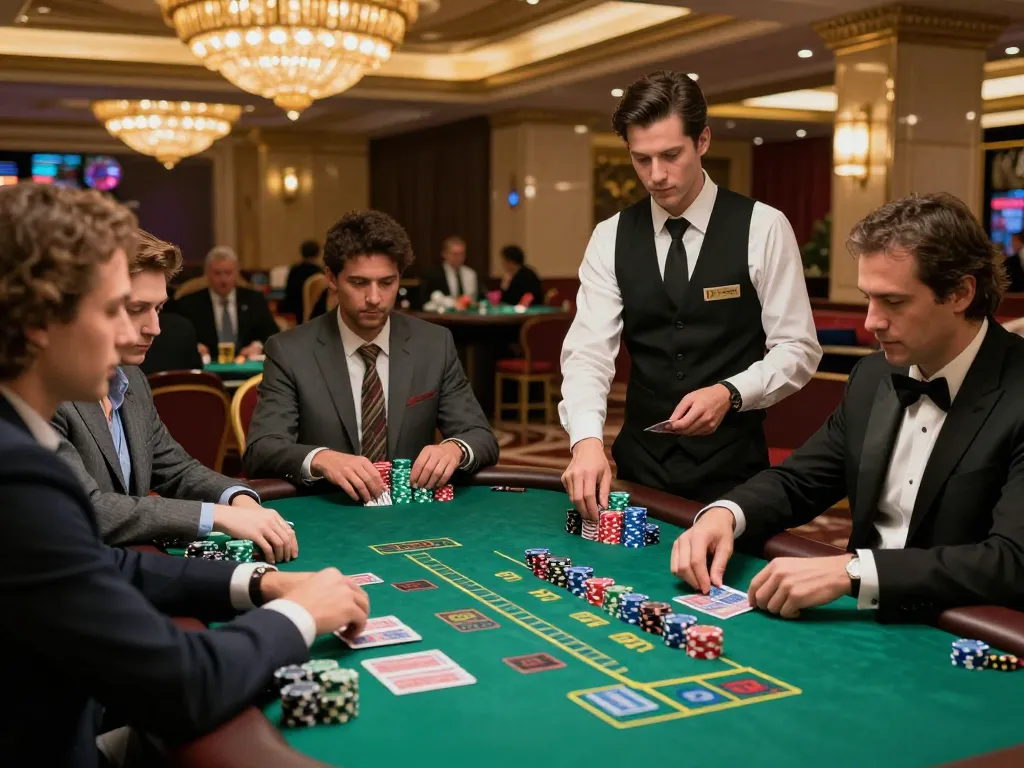 Experience the thrill of TR88 blackjack as players strategize at an elegant casino table.