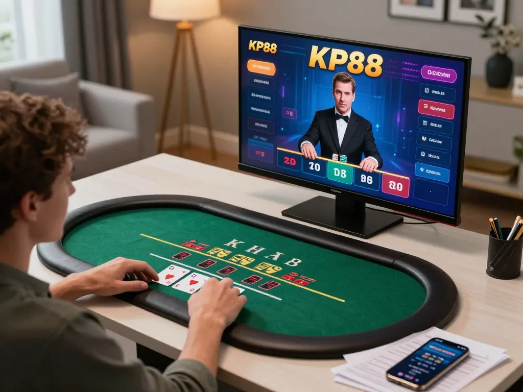 Engaging in a live dealer blackjack game on KP88 while optimizing betting strategies at home.