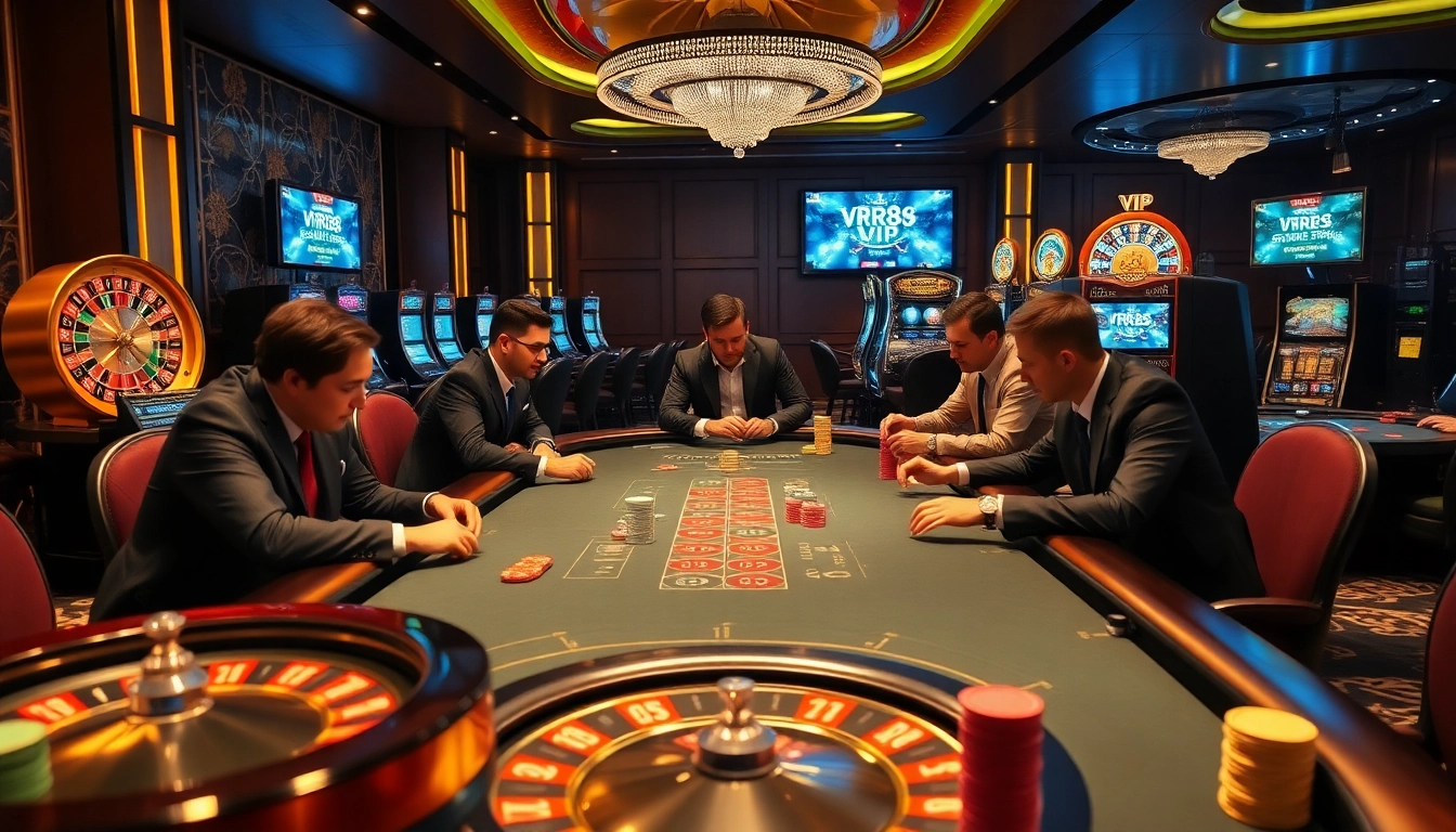 rr88 vip players engaged at a luxury casino table with vibrant gaming elements.