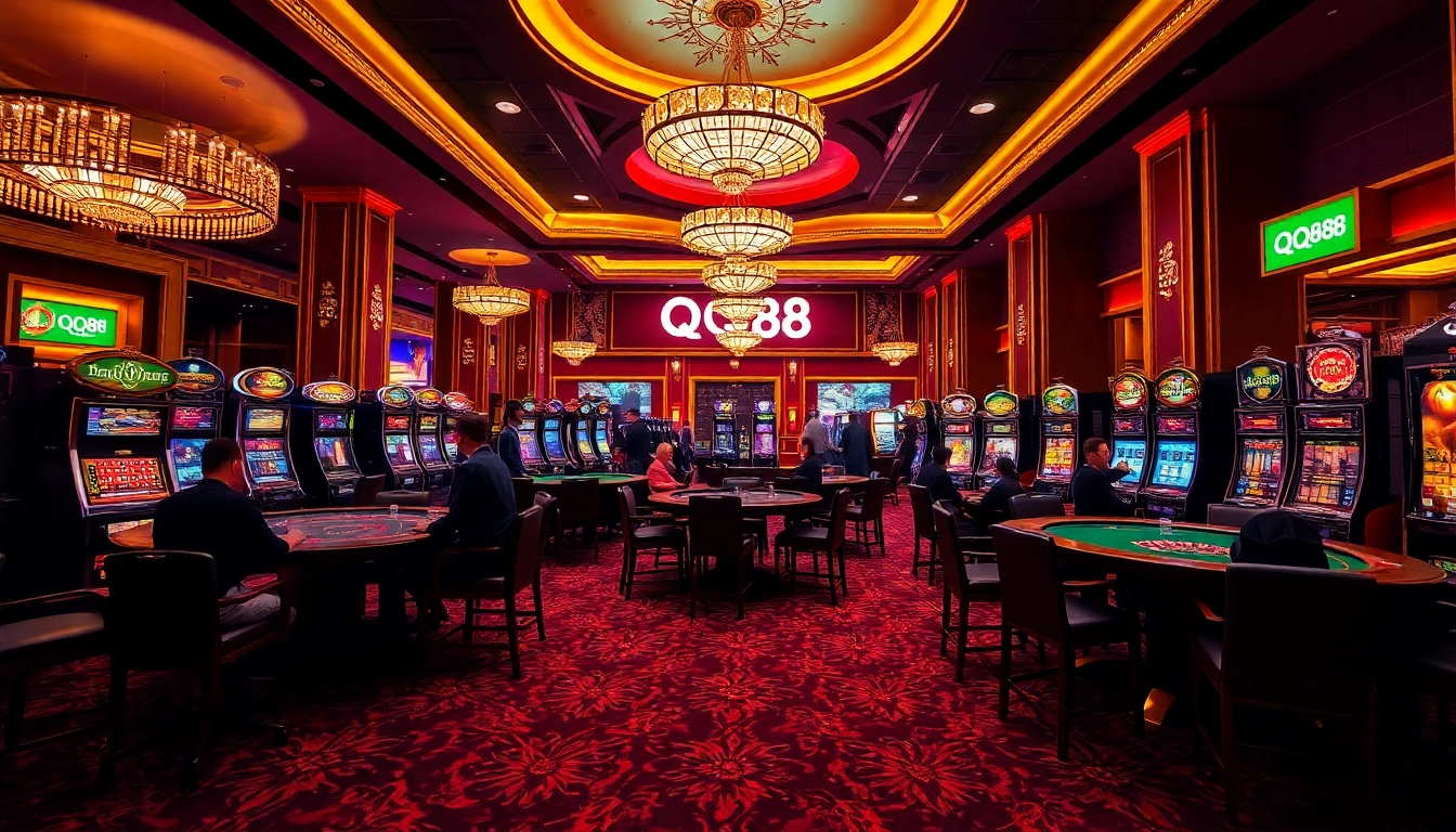 Players enjoy QQ88's vibrant casino atmosphere with poker, roulette, and flashing slot machines.