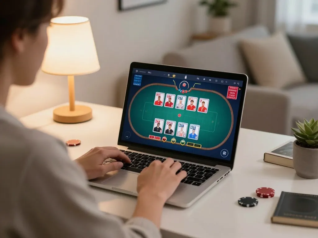 Freecuci365 online poker gameplay depicted in a cozy home setting showcasing strategy and engagement