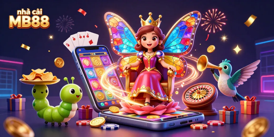 Experience the magic of nhà cái MB88 with a vibrant 3D illustration of an enchanting butterfly queen amidst lively casino elements.