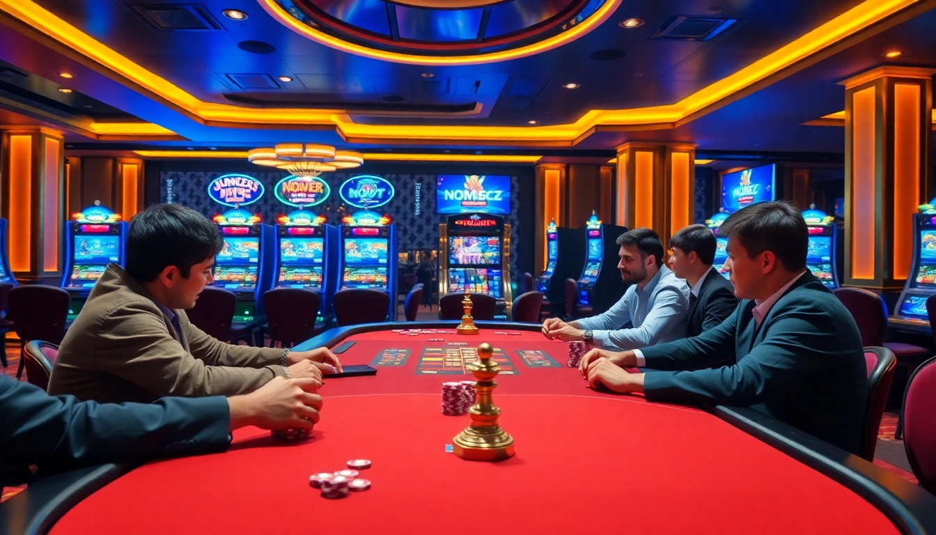 Players enjoying a thrilling game at a NOHU casino table with vibrant slot machines.