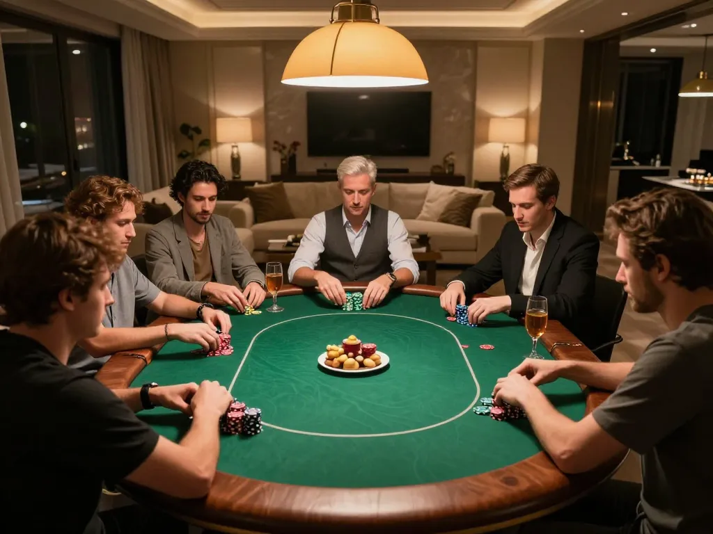llwin3 players strategizing over poker game in luxurious home setting