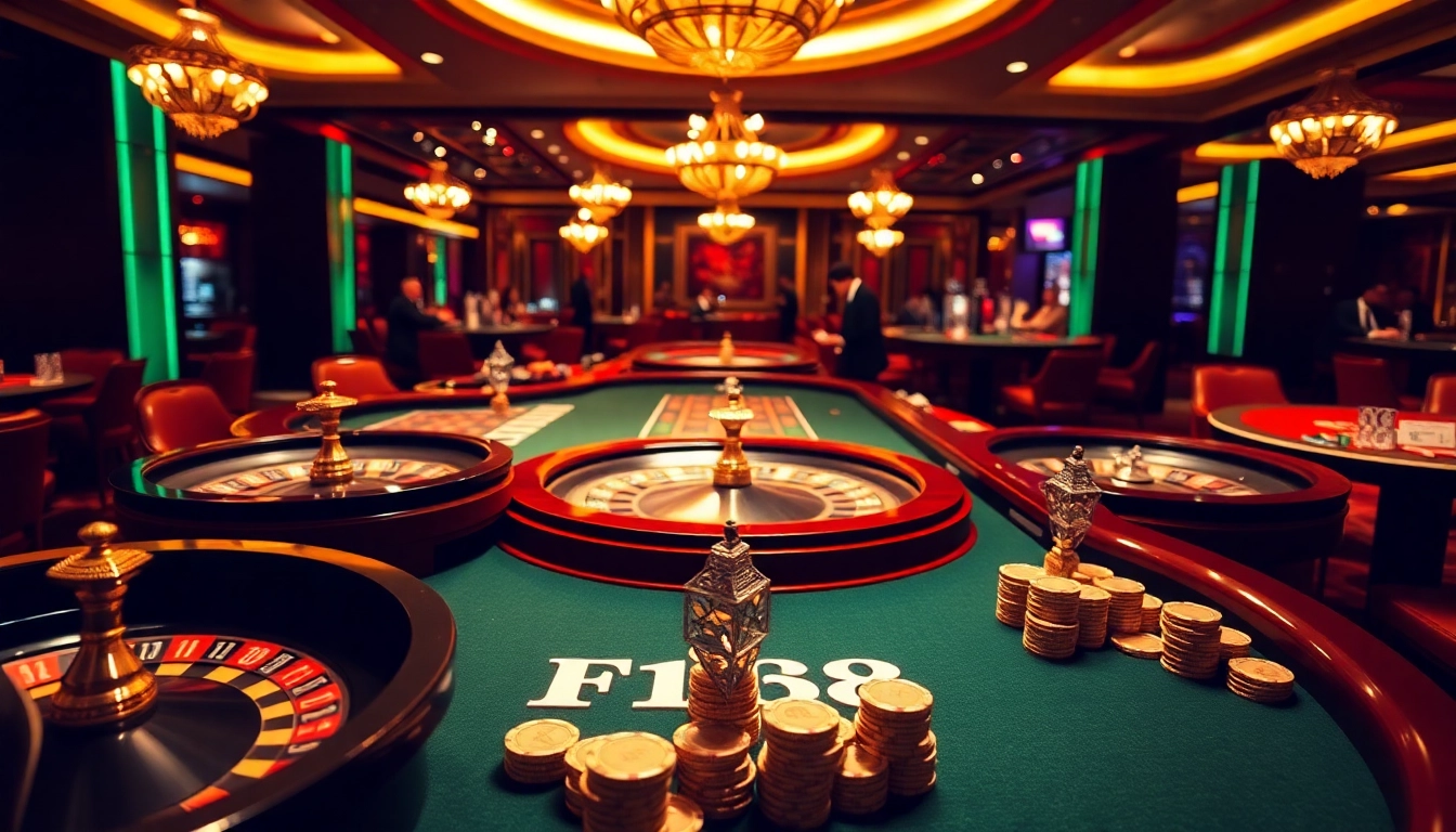 Players strategizing around a vibrant casino table with F168 chips, capturing the thrill of gambling.