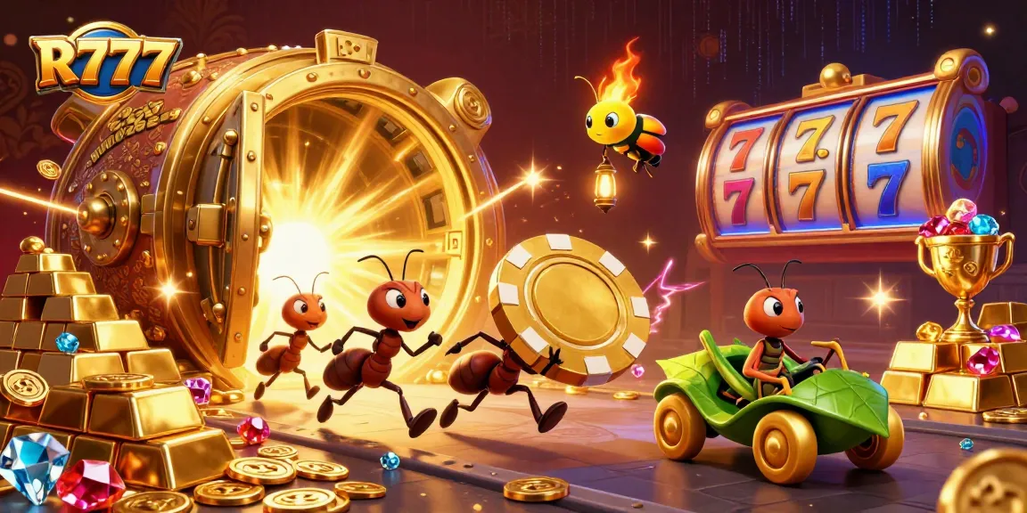 Join R777's thrilling heist featuring cartoon ants carrying a giant poker chip amidst glittering treasures.