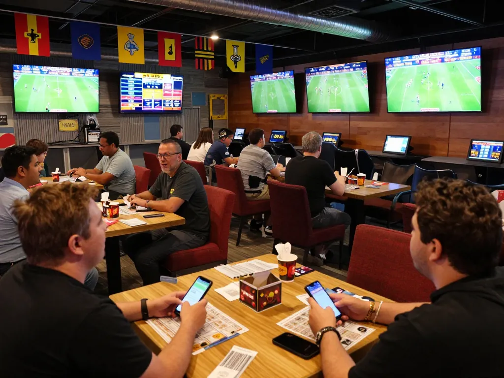 KQBD sports fans engaged in live betting action at a vibrant sports lounge