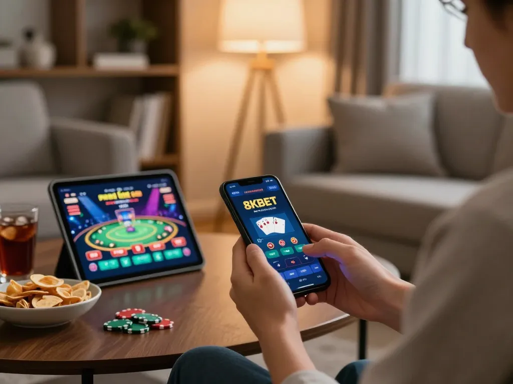 Engaging mobile gaming experience at nhà cái 8KBET with a person using a smartphone in a cozy setting.