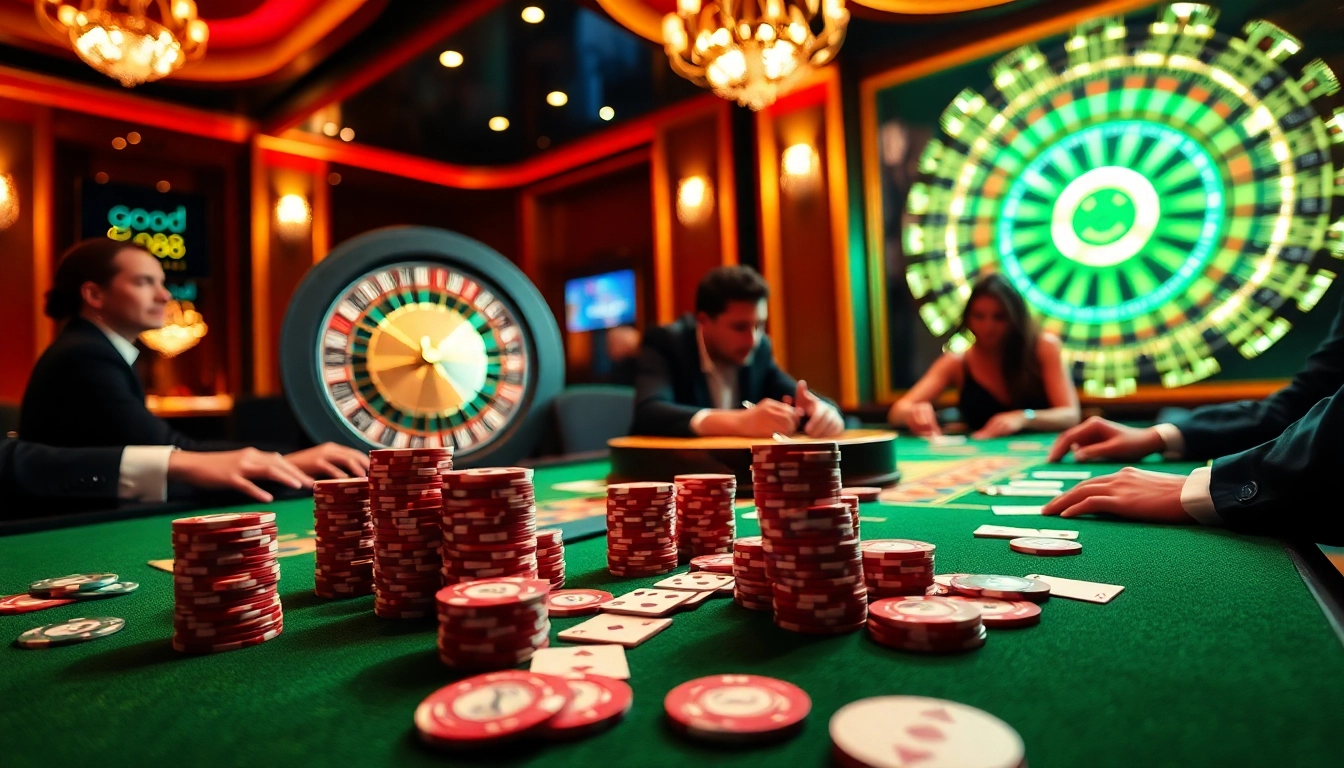 Good88 players enjoying a thrilling poker game at a luxurious casino table.