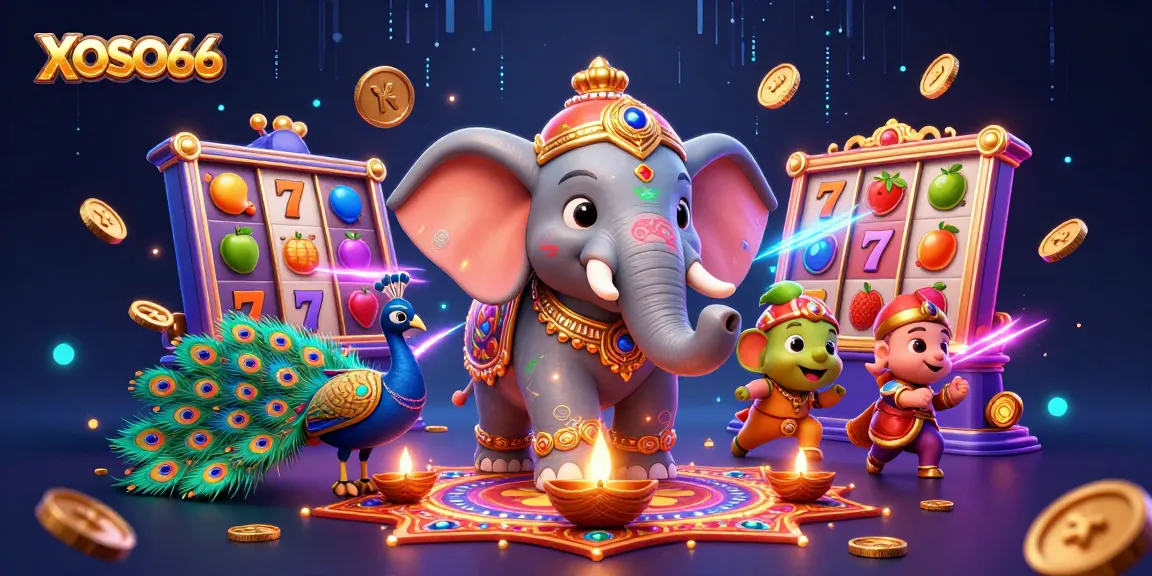 XOSO66 showcases vibrant 3D characters, colorful slot reels, and a dynamic casino atmosphere.