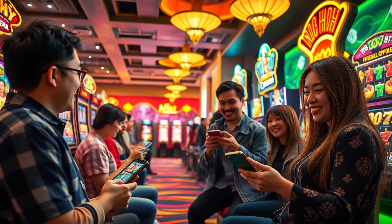 Nổ Hũ gaming experience with players celebrating jackpots in vibrant online slot game environment
