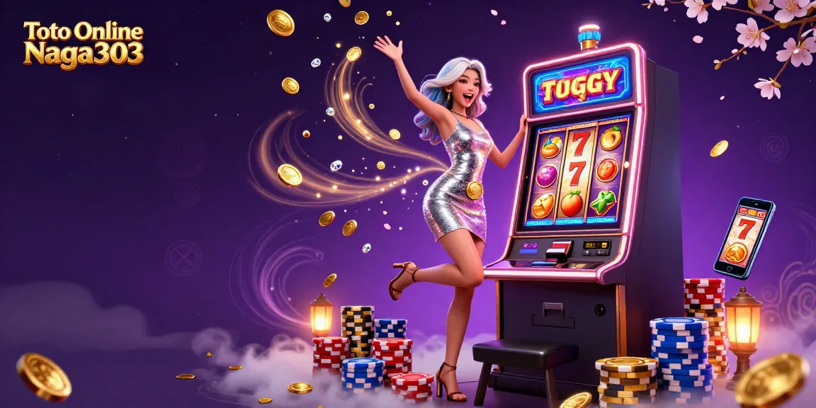 Toto Online Naga303 celebrates wins with a glamorous woman and dynamic casino elements in a vibrant scene.