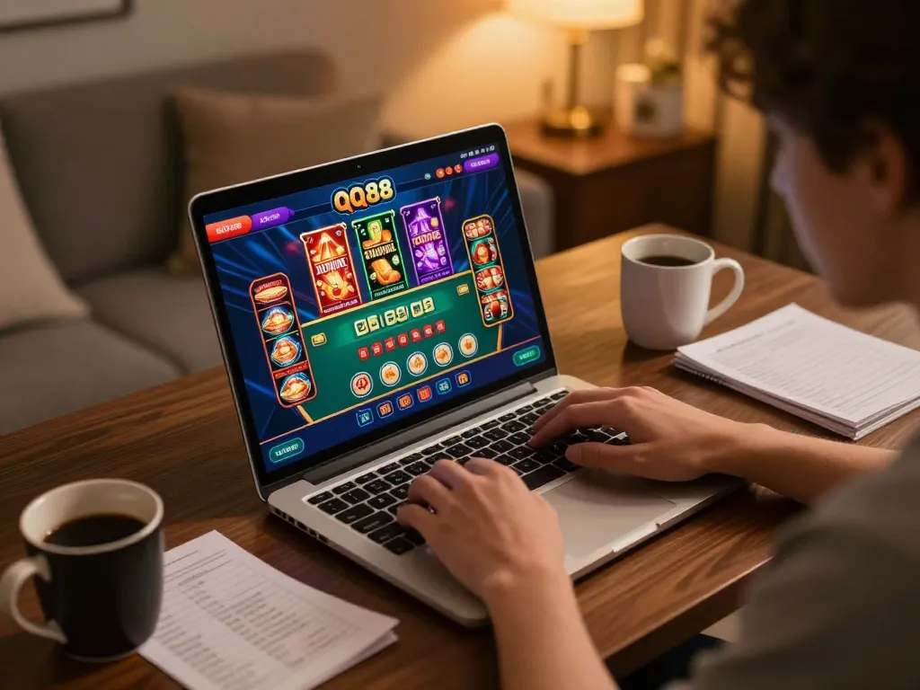 Experience the excitement of QQ88 online gaming with an engaging home setup, showcasing live dealer and slot games.