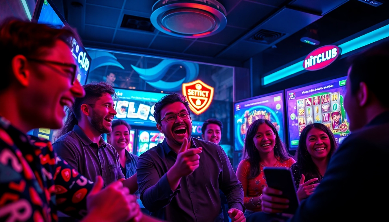 Gamers enjoying interactive experiences at Hitclub, surrounded by vibrant game displays.