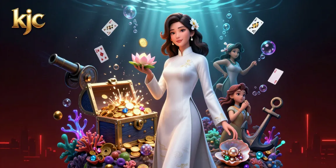 Engage with KJC's vibrant casino world featuring a serene Asian woman and dynamic game elements.
