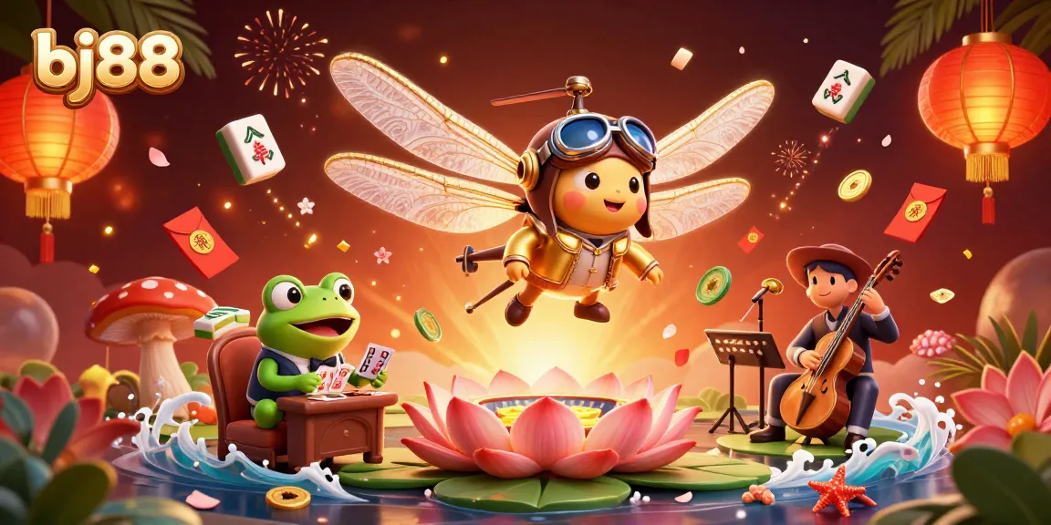 Bettors experience thrilling action at bj88 with a dragonfly pilot and card-dealing frog in a lively casino setting.