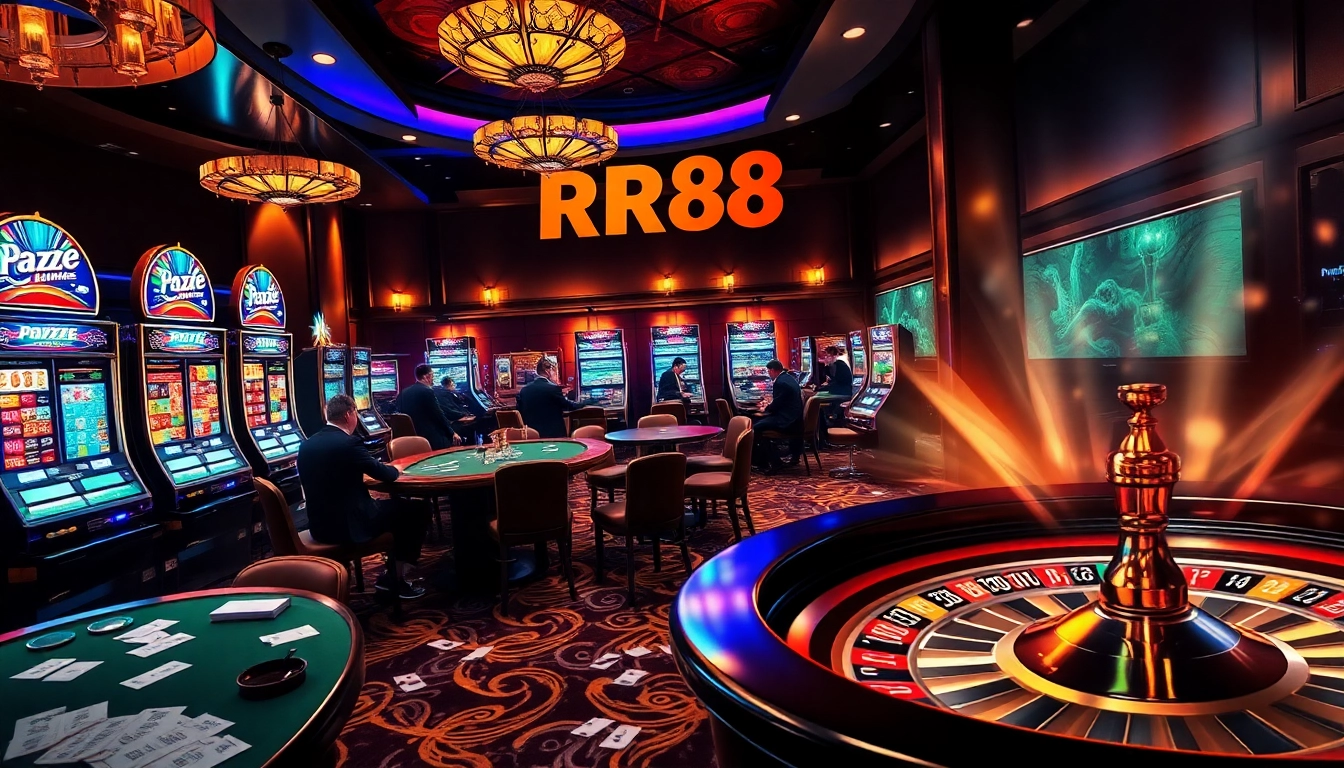 Experience the excitement of RR88 with players strategizing at casino tables filled with vibrant games.