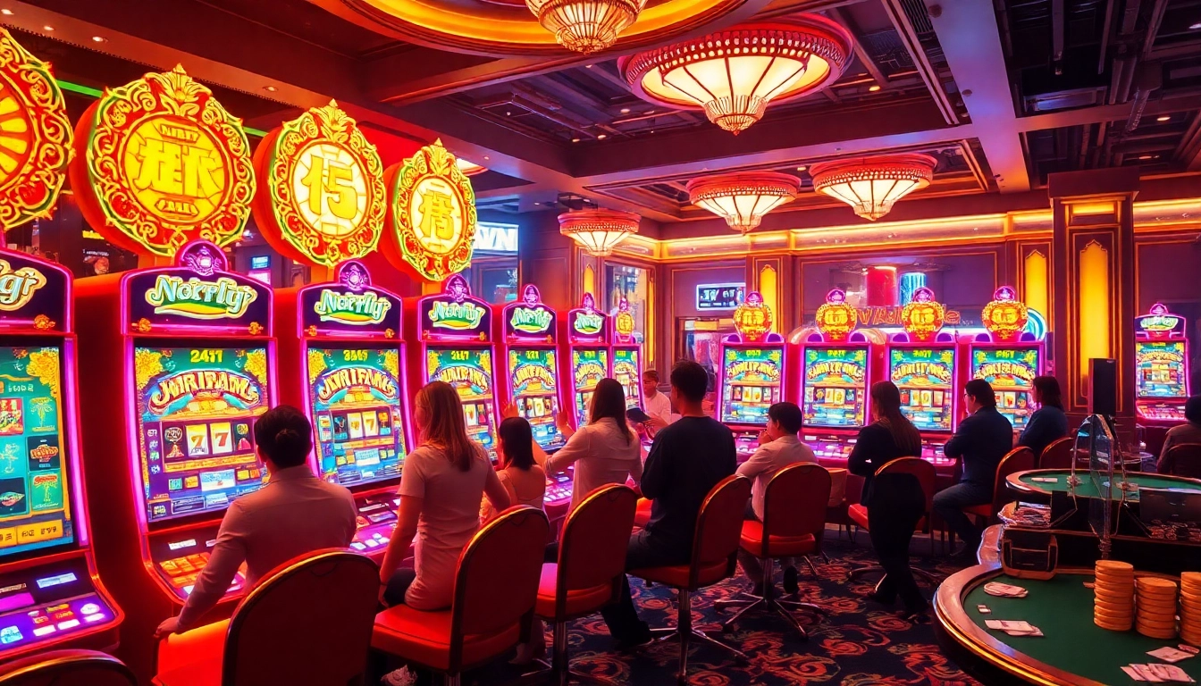 A player celebrating a big win at a colorful nổ hũ slot machine in a vibrant casino atmosphere.