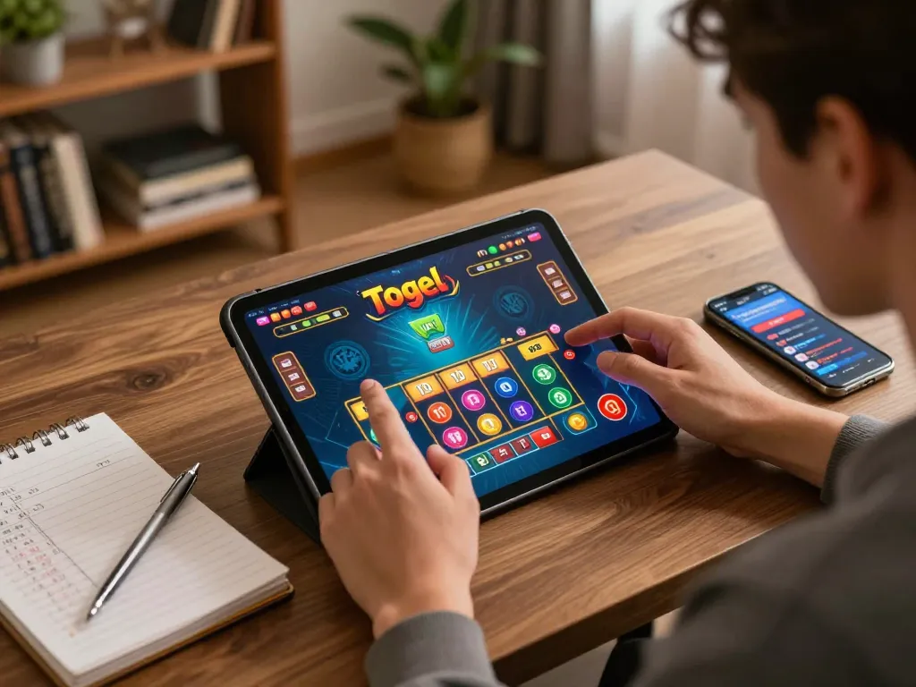 WinWin player immersed in Togel gameplay on a tablet, illustrating a strategic online gambling session.