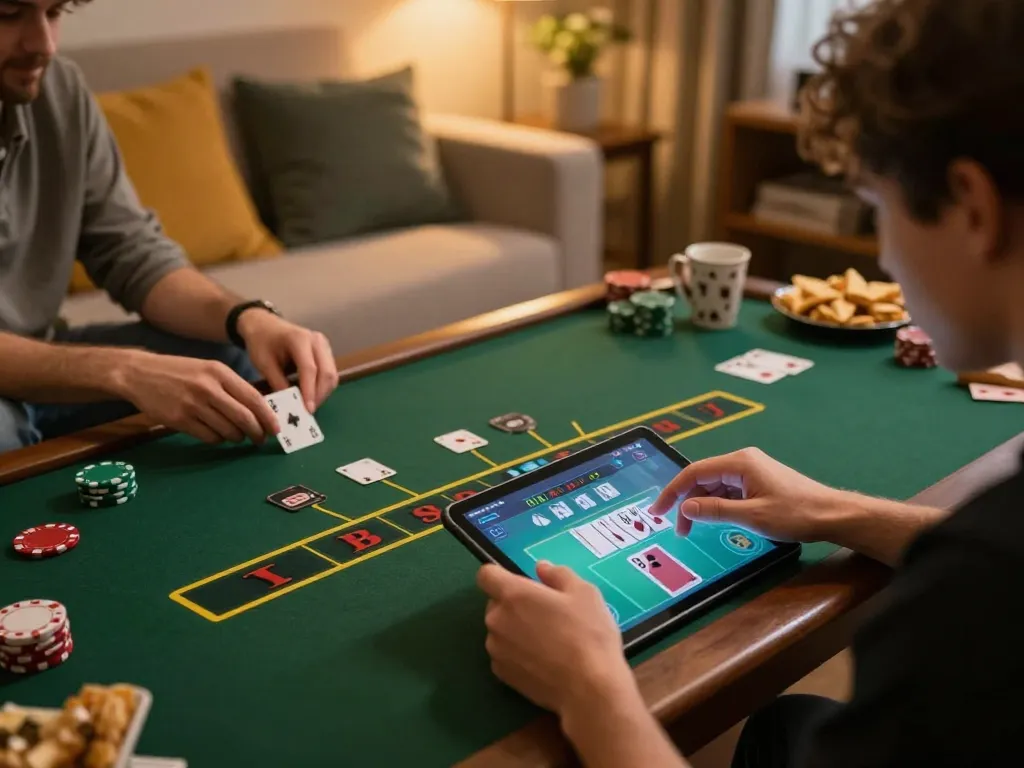 Players strategizing their bets in an online blackjack game with eq9 on a tablet