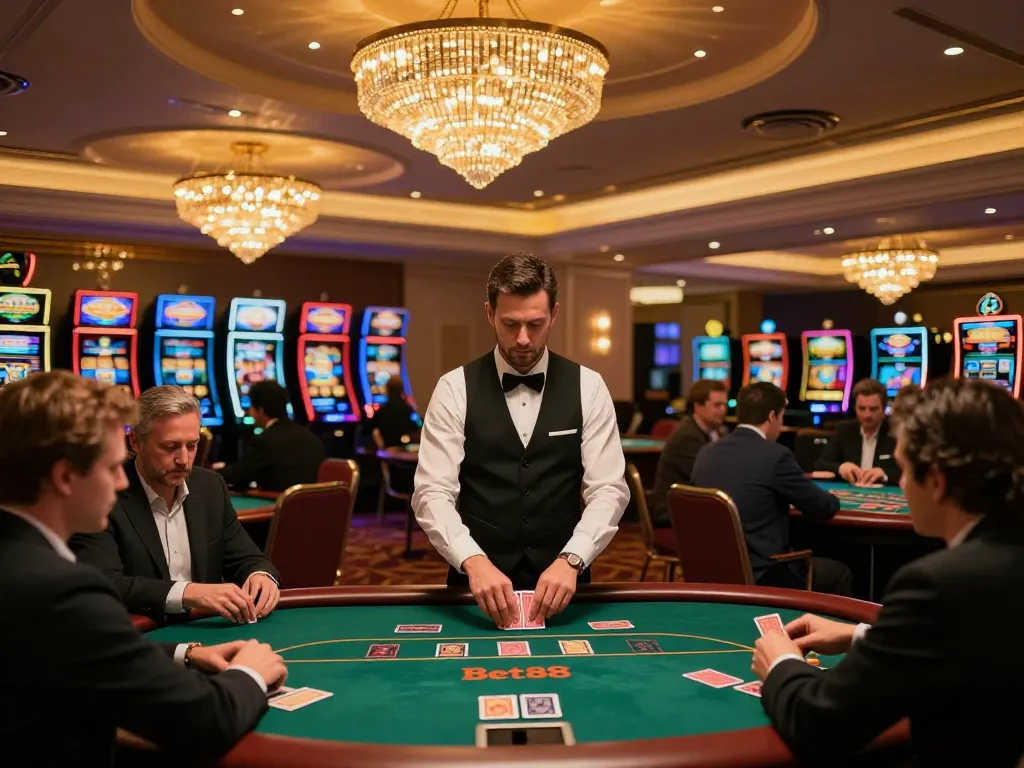Bet88 players engaging at poker tables in a vibrant and luxurious casino setting.