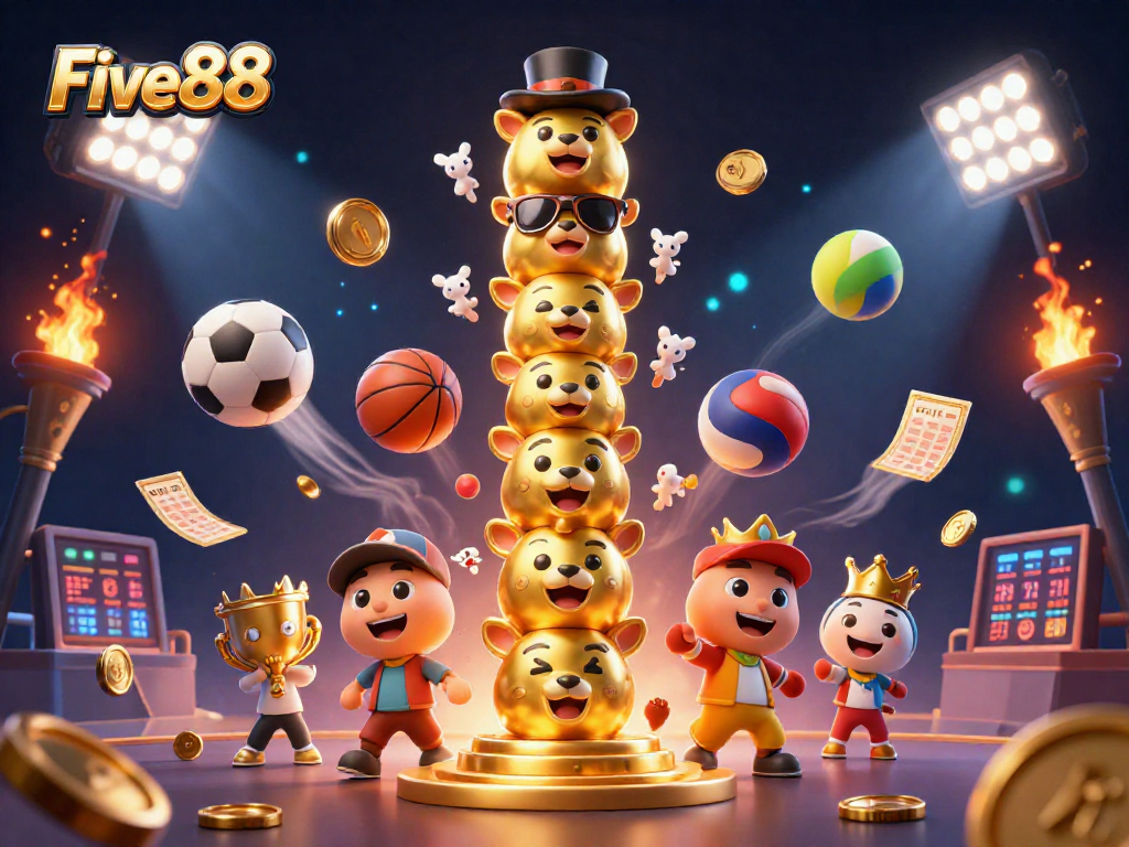 Action-packed Five88 illustration showcasing vibrant casino elements and sports icons.