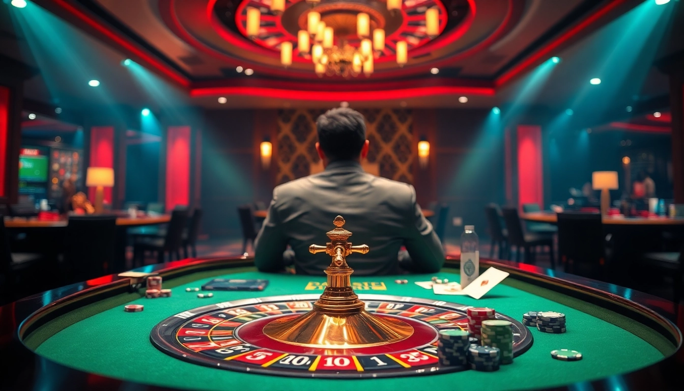 Engaging scene of a vibrant casino featuring nhà cái 888VND roulette table and poker chips.