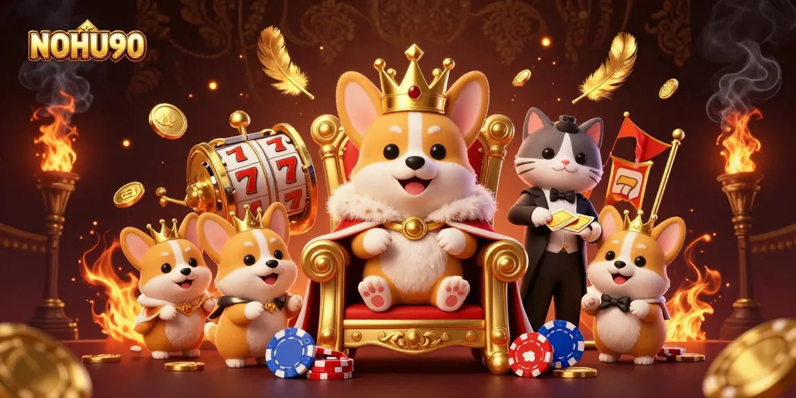Spin to win at NOHU90 with a royal corgi on a throne of chips surrounded by gaming tokens.