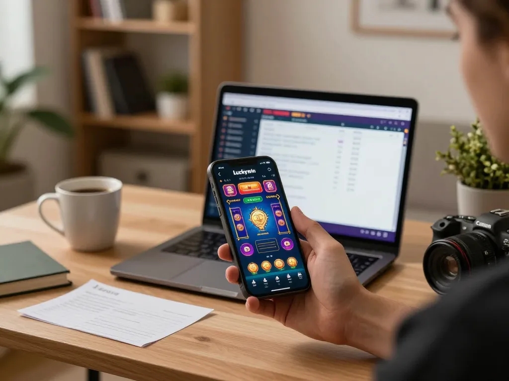 Player enjoying online casino games on Luckywin app with inviting home office setup.