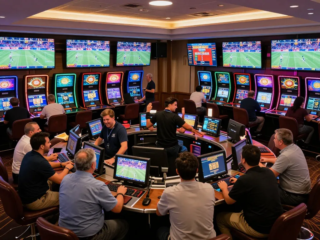 Players engaging in exciting sports betting experience at 13win lounge with lively atmosphere and multiple screens.