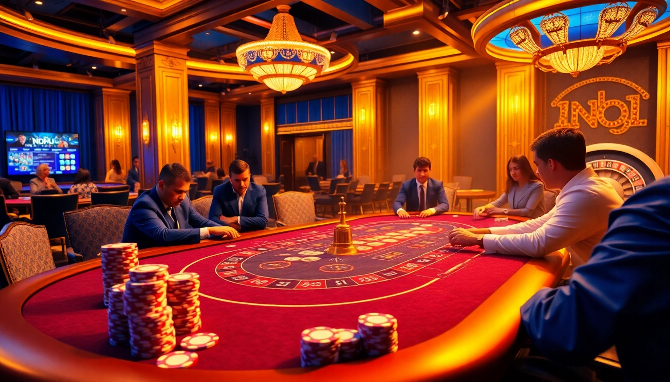 Nohu-themed vibrant casino atmosphere featuring an intense poker table with players.