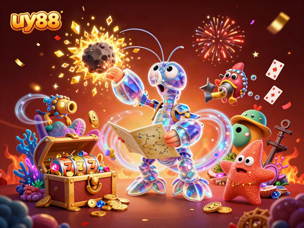 Experience thrilling wins at uy88 with a galactic samurai shrimp amidst sparkling treasures and vibrant casino elements.