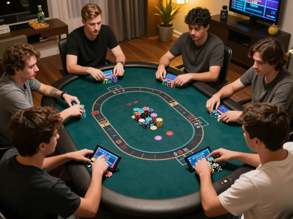 Engaged players enjoying an S8 online poker game with chips stacked in a cozy home setting