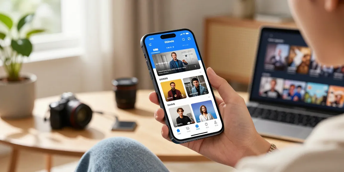 Engaging with Vidmate app on smartphone in a cozy living room, showcasing multimedia entertainment.