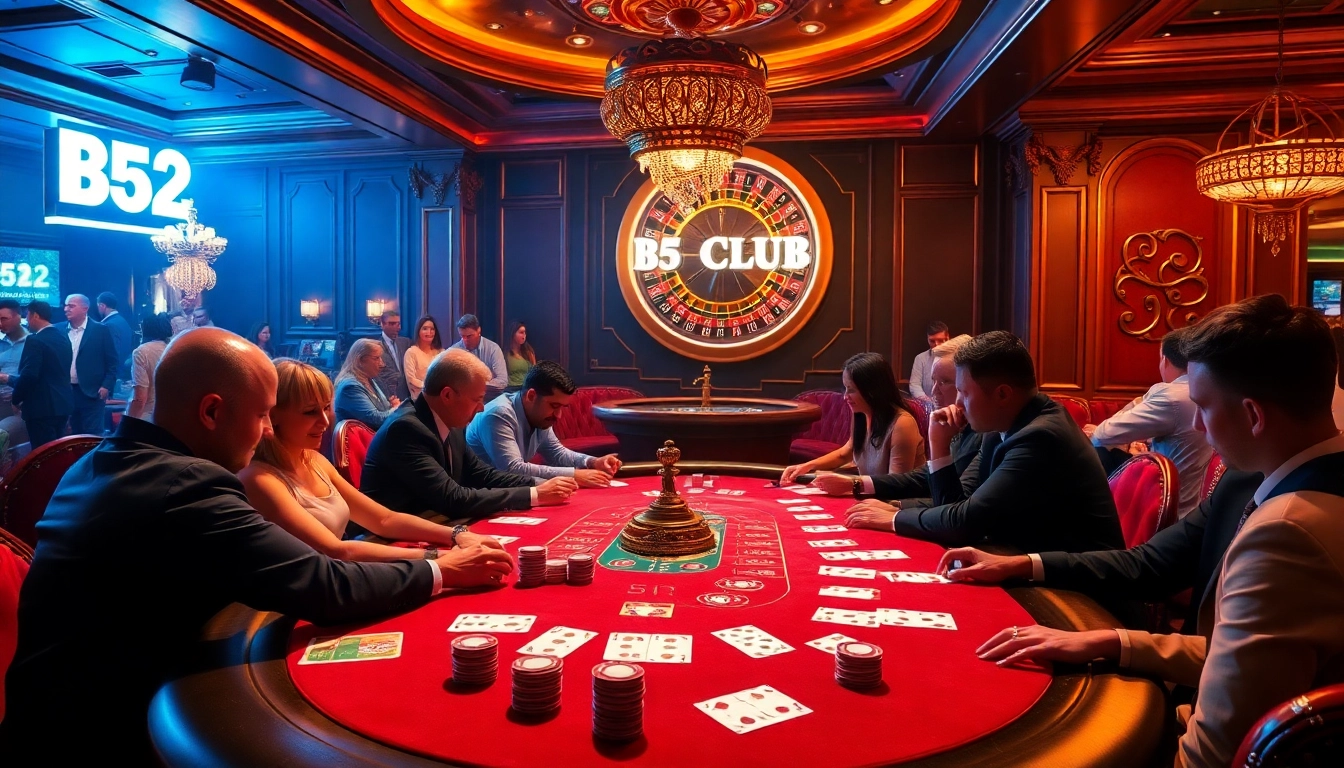 Dynamic gaming scene at the B52 CLUB, showcasing players engaged in intense poker action with chips and cards.