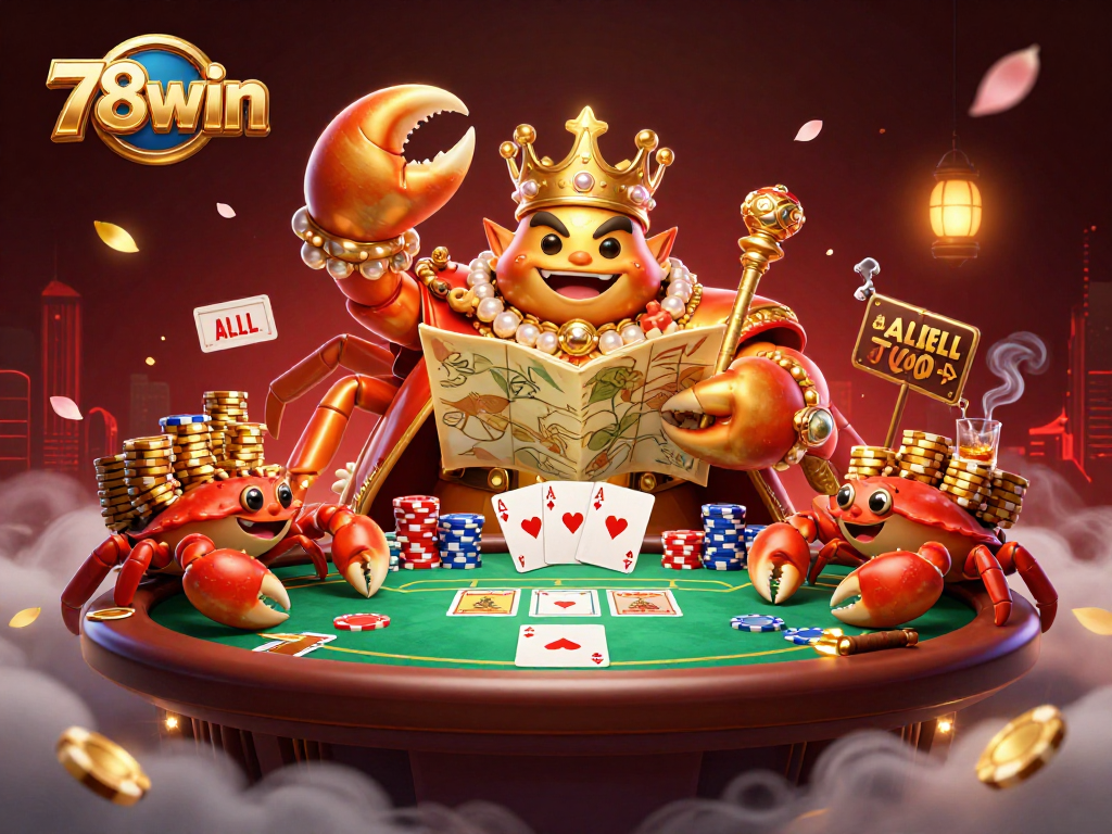 Engage in thrilling action at 78win's vibrant casino scene with a golden crab emperor amidst poker game's dynamic elements.