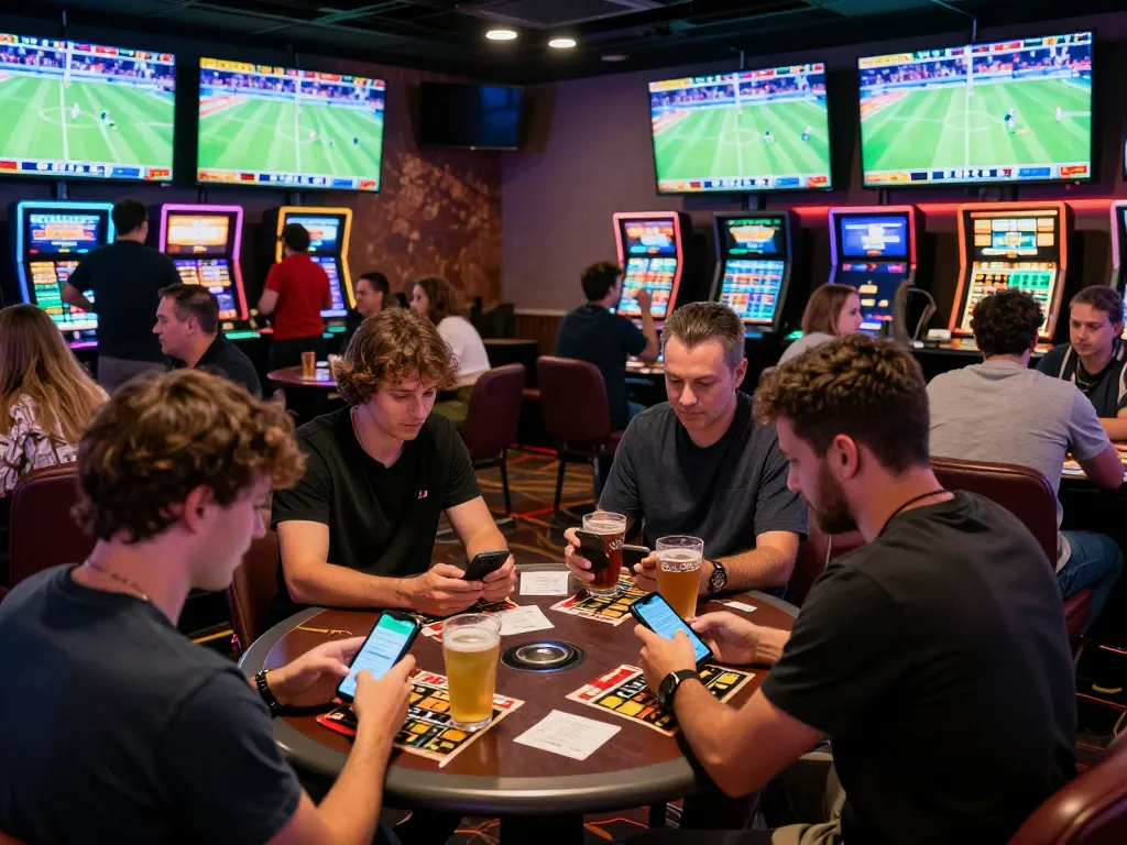Engaged bettors at nhà cái NK88 sports lounge, placing live bets while enjoying the vibrant atmosphere.