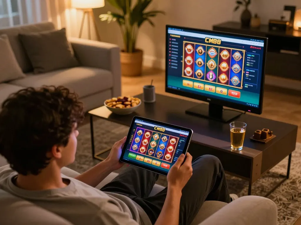 Engaged player enjoying CM88 online casino app on tablet in a cozy home setting
